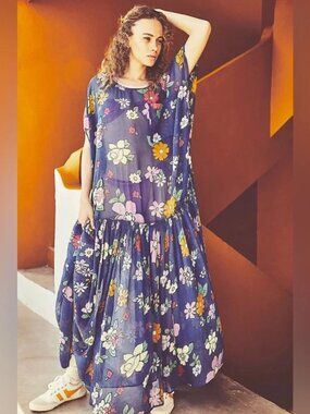 Free People Mina Floral Maxi Dress Size Small Blue Purple Sheer Oversized